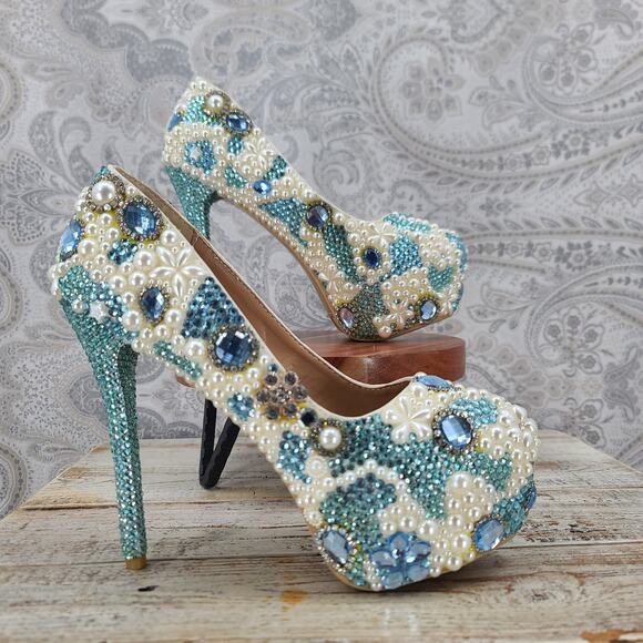 Embellished Pearl & Rhinestone Platform HeelsSize 41 Bridal Prom Stiletto